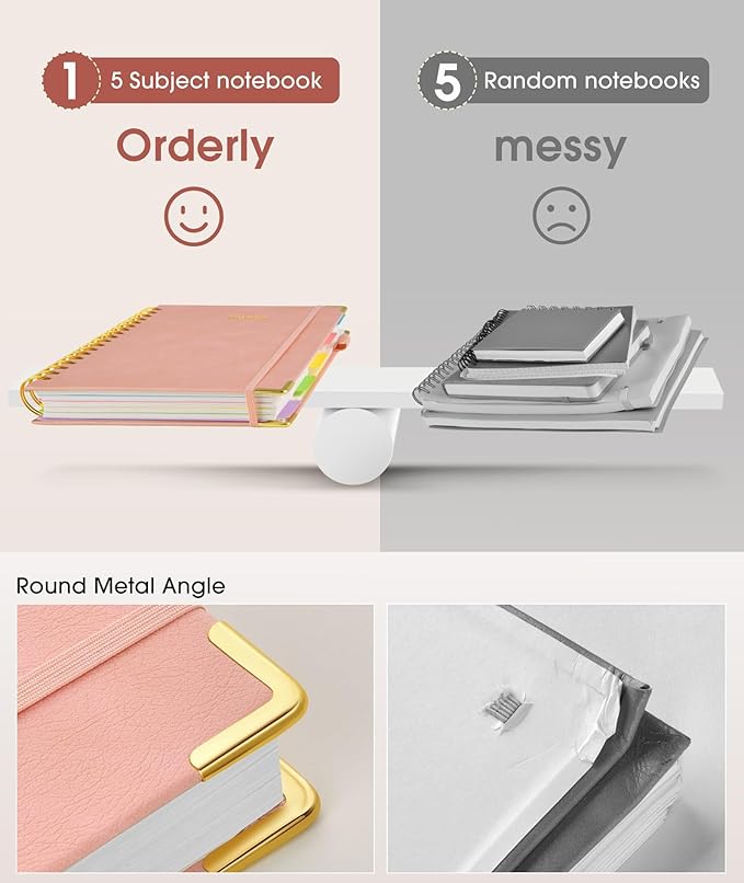 Hardcover Spiral Notebook 8.5"x11" Journal with Removable Dividers Tabs, 300 Pages Leather 5 Subject Notebook College Ruled, Large A4 Notebooks for Work School, Lined Journal for Women, A4 Pink