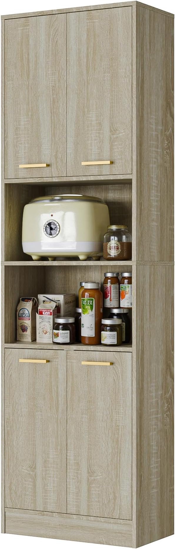 Cozy Castle Kitchen Pantry Cabinet, 75" Tall Wood Storage Cabinet with Doors and Shelves, 4 Doors Open Countertop Utility Hutch Cupboard for Dining Room Living Room Bathroom Furniture, Whitewashed Oak