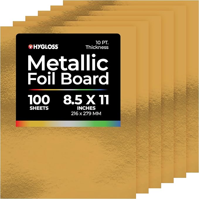 Hygloss Metallic Cardstock Sheets – 100 Shiny Gold Sheets, 8.5” x 11” - Sturdy 10 pt. – Metallic Foil Board Paper for Crafts, Scrapbooking, Posters & Decorations