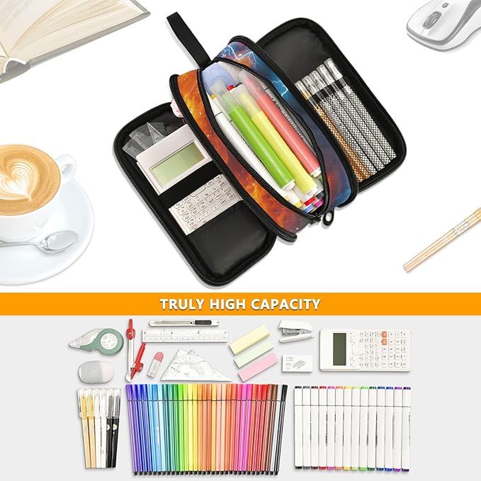DVGMBXY Football Water and Fire Pencil Case Box for kids Teens Boys Girls Large Pencil Pouch with Zipper Compartments Big Capacity Stationery Pen Bag Organizer for Kids Teens Adults School Office