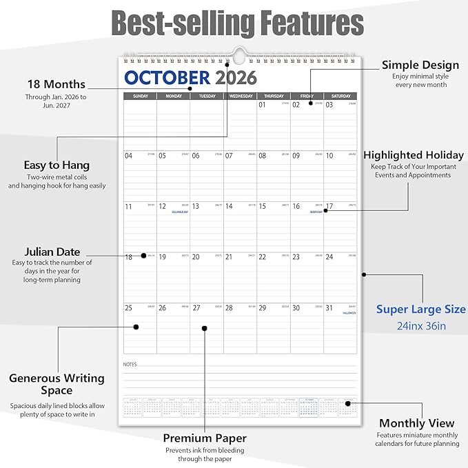 GuassLee Extra Large Wall Calendar 2026, 36"x 24" Jumbo Vertical Wall Planner 2026-2027 from January 2026 to June 2027,18 Months with Julian Dates and Notes for Office School Home Teacher Planning