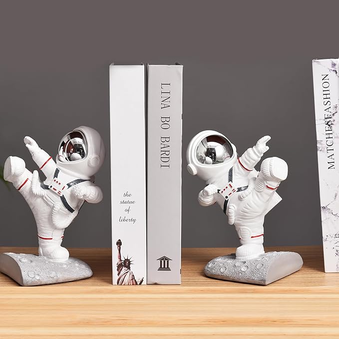 Kakizzy White Book Ends for Kids, Upgraded Astronaut Bookends Resin Spaceman Book Holders for Shelves Sturdy Book Stopper Book Ends to Hold Books Unique Outer Space Book Shelf Ends(F2-Silver Color)