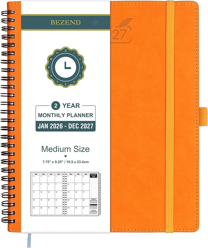 BEZEND Monthly Planner 2026-2027 (Spiral-7" x 9") 2 Year Calendar Book with Note Pages - Jan 26 to Dec 27-120 GSM Paper, Inner Pockets, Laminated Tabs, Vegan Leather Softcover - Orange