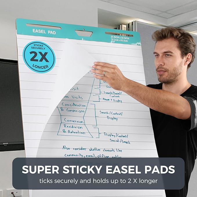 FAHKNS Lined Sticky Easel Pad，Large 25x30 Inch Self-Adhesive Teacher'S Flip Chart Paper, Easel Pad with Dry Erase Surface for Classroom/Office, White, 30 Sheets/Pad, 10 Pads/Pack