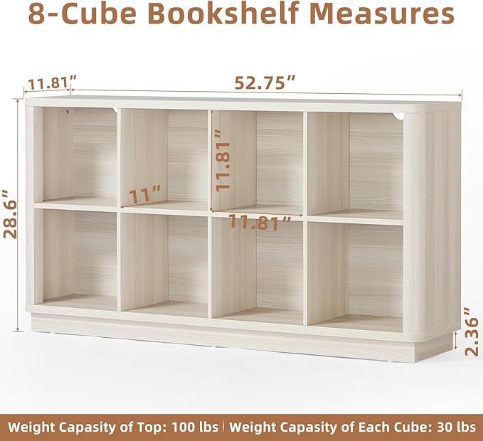 Joaxswe 8 Cube Storage Bookcase, 52" Long Horizontal Book Shelf w/Curved Edge, Wood Low 2-Tier Cubby Console Bookshelf with Base, Modern Floor Standing TV Stand for Living Room, Grey-White Cream Oak