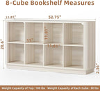 Joaxswe 8 Cube Storage Bookcase, 52" Long Horizontal Book Shelf w/Curved Edge, Wood Low 2-Tier Cubby Console Bookshelf with Base, Modern Floor Standing TV Stand for Living Room, Grey-White Cream Oak