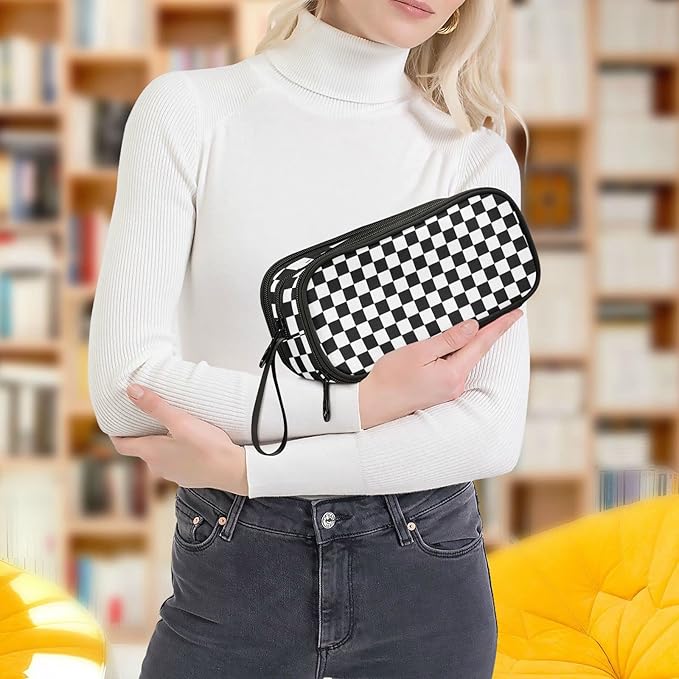 BOENLE Black White Checkered Pencil Case Box Boys Girls Large Pencil Pouch Zipper Compartments Big Capacity Stationery Pen Bag Organizer for Kids Teens Adults School