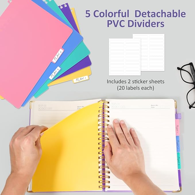 Hardcover Spiral Notebook Journal, 8"x10" Large B5 Notebooks with Removable Dividers Tabs, 300 Pages Leather 5 Subject Notebook College Ruled, Journal for Work School Note, 100 GSM Thick Paper,Purple.