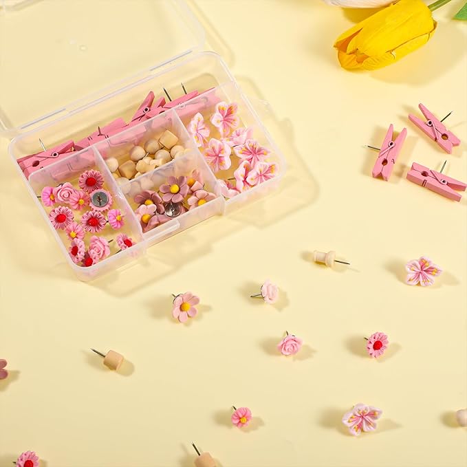 78 Pieces Push Pins Set Cute Thumb Tacks Decorative Flower Push Pins for Wall Cork Board Bulletin Boards with Storage Box（Pink Style）
