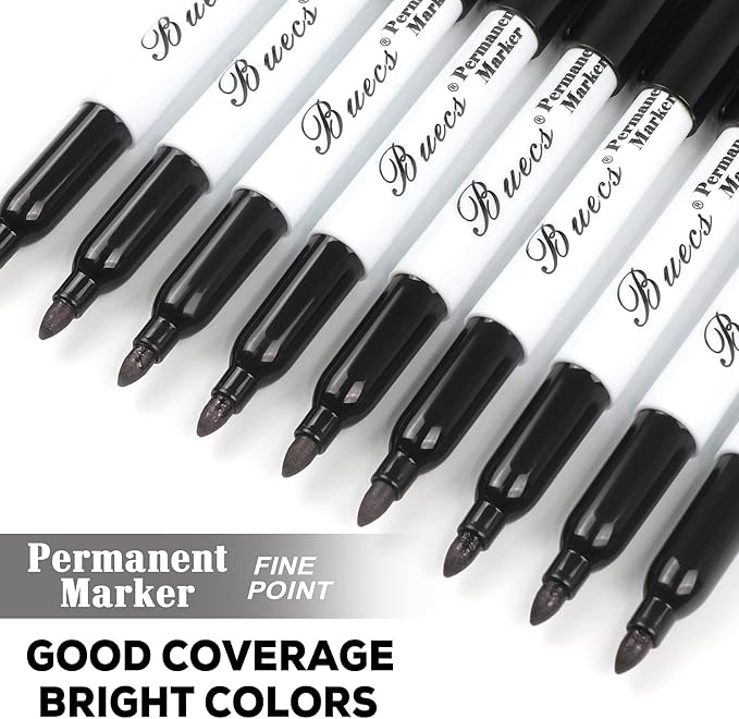 Buecs Permanent Markers, 60 Count Black Permanent Markers, Fine Point, Waterproof & Smear Proof Markers, Quick Drying, Office Supplies for School, Office, Home