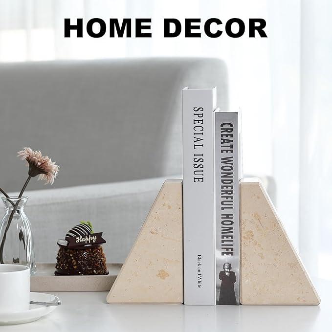 Karibiber Marble Bookends for Heavy Books, Decorative Book Ends for Shelves, Beige Stone Durable and Heavy-Duty Book Ends for Hardback Books & CDS, Unique Book Stopper & Holder, Set of 2