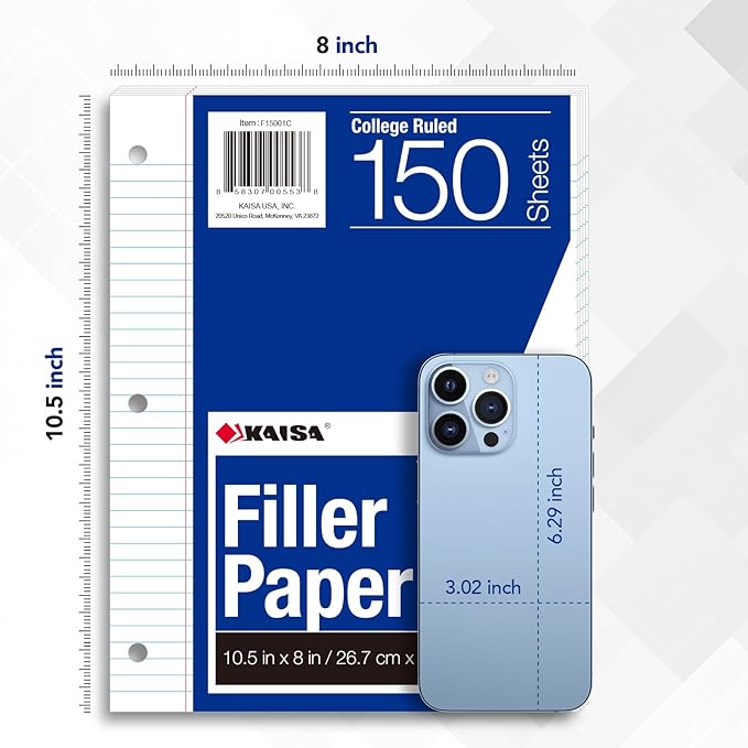 Kaisa Notebook Paper 24 Pack 8x10.5 3600 sheets College Ruled Loose Leaf Paper Filler Paper for 3-Ring Binder Paper 150 Sheets/Pack Notebook 3-Hole Punched Lined Paper(24Pack-college)