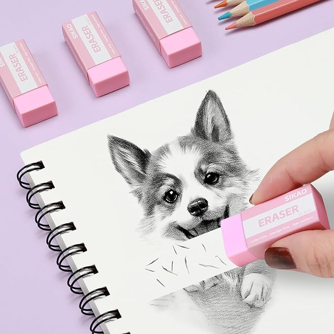 SIKAO Pink Erasers, 6 Pack Block Pencil Erasers – Smudge-Free Latex-Free Cute Erasers for Kids & Girls, School Supplies, Clean Erase for Homework, Journaling & Drawing