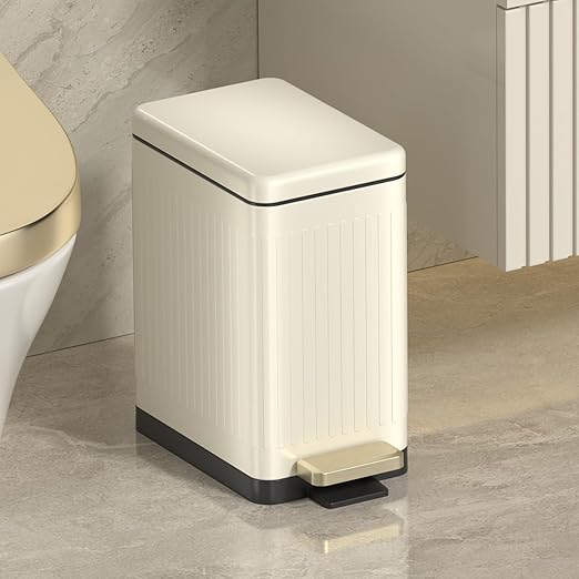Mbillion Bathroom Trash Can with Lid-Stainless Steel Step Slim Garbage Can-Metal Wastebasket-10L/2.6 Gallon Rectangle Pedal Trash Bin for Narrow Office, Kitchen, Bedroom, Toilet-Soft Close, White
