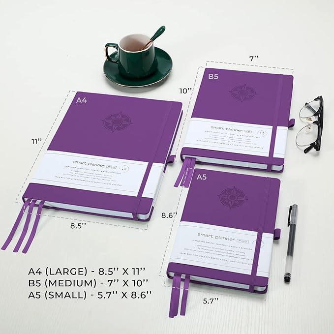 Smart Planner Pro – Undated Daily Planner – Large A4 – Achieve Goals & Increase Productivity with Weekly, Monthly, Work Sections - Organizer Diary with Back Pocket, 3 Satin Bookmarks & Pen Holder