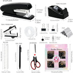 COMFYROOM Black Desk Accessories with Pen Holder, Office Supplies Desk Organizers and Accessories, Tape Dispenser, Stapler, Staple Remover, Staples, Clips Set, Ruler, Scissor, Pen, Tape (Black)
