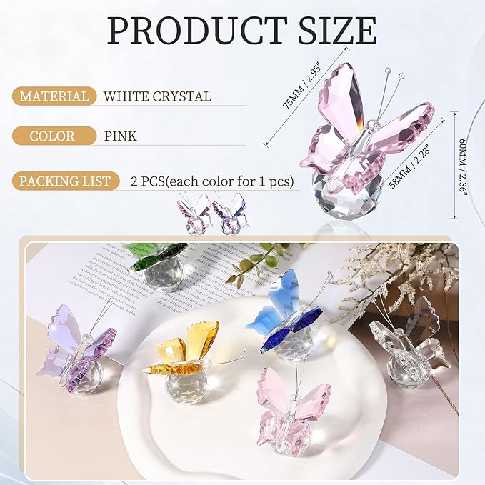 PATIKIL 2 Pcs Butterfly Crystal Paperweight, 75mm / 3 Inch Crystal Paperweight Paper Weight for Home Office Desktop Table Decor Wedding Party Jewelry Ornaments, Pink/Purple
