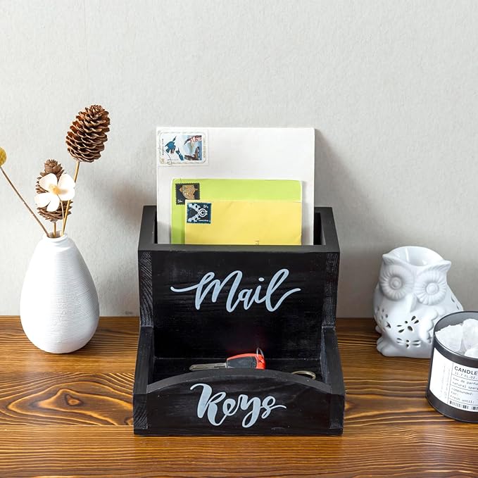 MyGift Urban Modern Mail Holder and Key Organizer Tray in Black Stained Solid Wood Finish, Entryway Storage Catchall with Cursive Mail and Keys Word Design, Office Desktop Organizing Bin