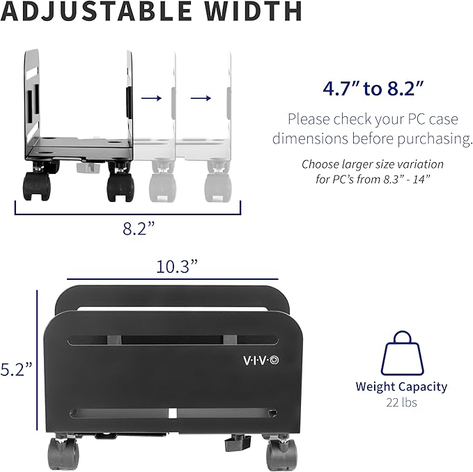 VIVO Computer Mid-Tower Case, CPU Steel Rolling Stand, Adjustable Mobile Cart Holder with Locking Caster Wheels, Black, CART-PC01