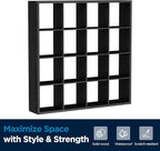 Jpiziso 16-Cube Storage Organizer Bookcase, Thick Frame Wood Grain Storage Shelf, Rectangular Cube Open Back Display Unit, 48.8x9.4x48.8 Inches for Living Room, Bedroom, Home Office, Embossed Black