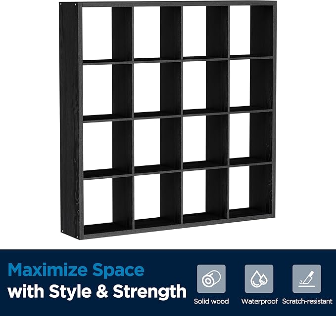 Jpiziso 16-Cube Storage Organizer Bookcase, Thick Frame Wood Grain Storage Shelf, Rectangular Cube Open Back Display Unit, 48.8x9.4x48.8 Inches for Living Room, Bedroom, Home Office, Embossed Black