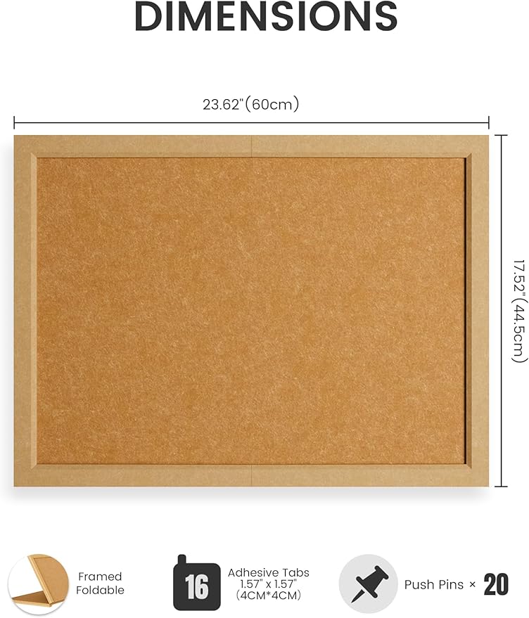 Fluxynara Foldable Cork Board Alternative, Felt Bulletin Board 24" x 18" Mustard Yellow Frame with 16 Adhesive Tabs, Pin Board for Home Office, Classroom, Entryway, Kitchen Wall Decor—Sunset Yellow