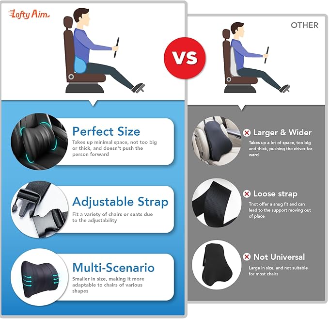 Lofty Aim Lumbar Support Pillow for Car, Memory Foam Lumbar Pillow for Lower Back Pain Relief - Back Cushion for Driving, Chair Support for Car-Office Chair, Wheelchair - Classic Black