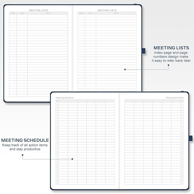 EMSHOI Meeting Notebook for Work with Sticky Tabs - 240 Pages, A4 Size Project Planner, PU Leather Meeting Agenda/Minutes Organizer for Women Men, Note Taking, Office & Business, 8.3"x11.7", Blue