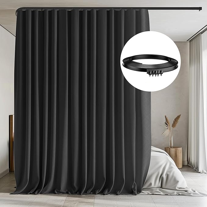 MaKefeile Room Divider Curtains with Flexible Ceiling Tracks Set,Blackout Curtain Ceiling Mount Curtain Track Privacy Room Dividers Ceiling Track Curtain Rod(Black Drape & Black Rail W 8.3 × H 8 FT)