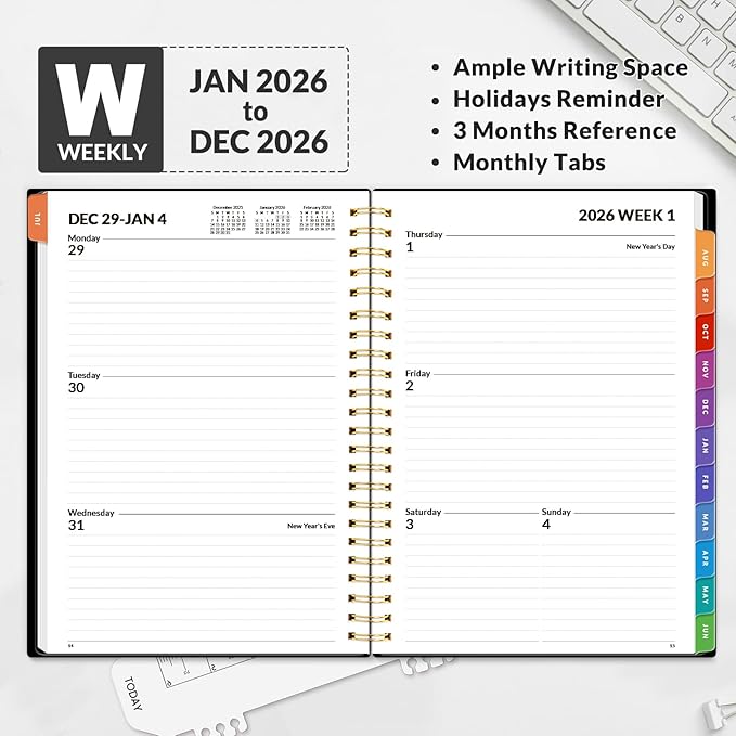 SUNEE 2026 Weekly and Monthly Planner - from January 2026 - December 2026, Daily Agenda Planner with Monthly Tab, Flexible Cover, Note Pages, Pockets, Bookmark, Spiral Binding, Black, 6.4" x 8.3"