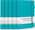 5 Pack Journal Notebook Bulk for School, Feela Hardcover Business Notebooks Classic Ruled Lined Journals with Pen Holder for Work Note Taking, with 5 Black Pens, 120 GSM, 5.1”x8.3”, A5, Emerald