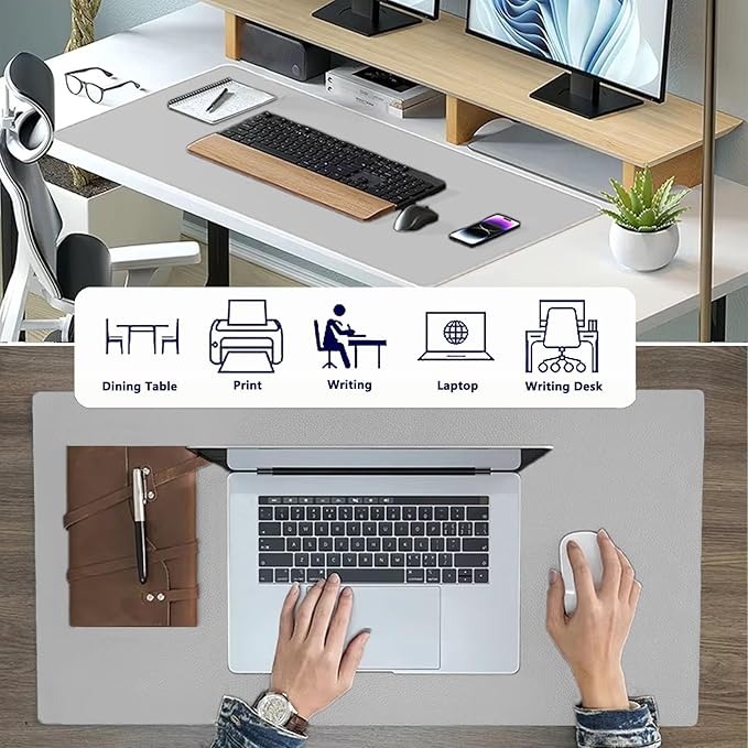 PU Leather Desk Pad Protector Gaming Mouse Pad Non Slip Desk Mat for Keyboard and Mouse Waterproof Desk Writing Pad for Office and Home Desk Accessories(Gray, 31.5 * 15.7)
