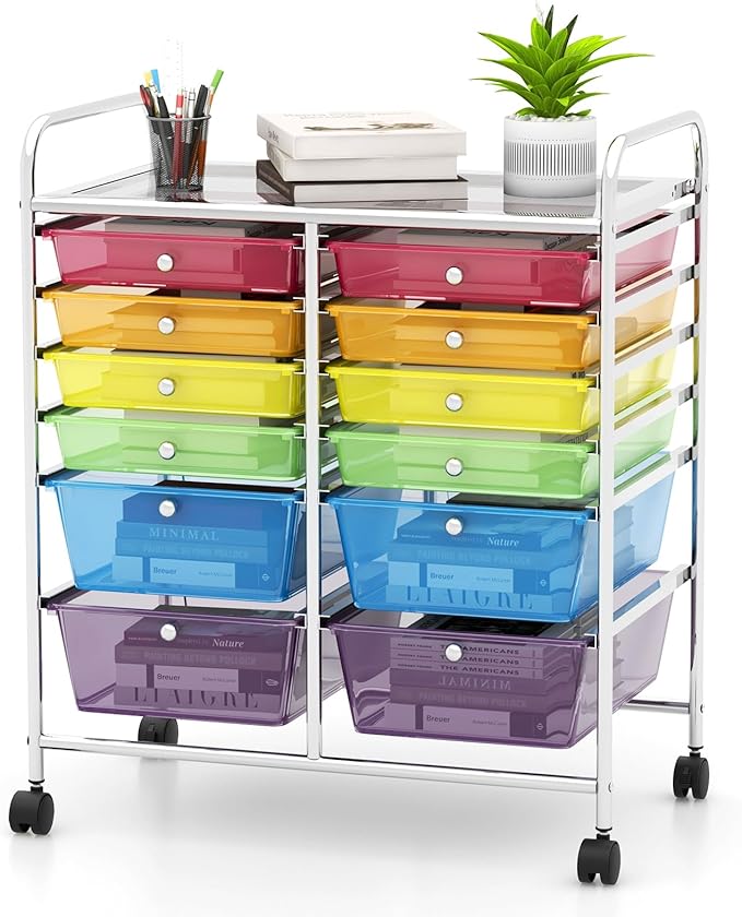 Happygrill 12-Drawer Rolling Storage Cart, Multipurpose Organizer Cart for Home Office School, Utility Cart with Wheels, (Colorful Clear)