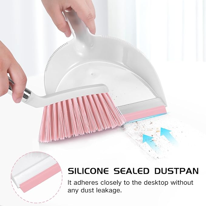 NACENA Mini Broom and Dustpan Set, Small Dust Pan and Brush Set with Handle Dustpan Teeth for Cleaning Hair Suitable for Office Desks Drawers Sofas Outdoor Camping, Pink