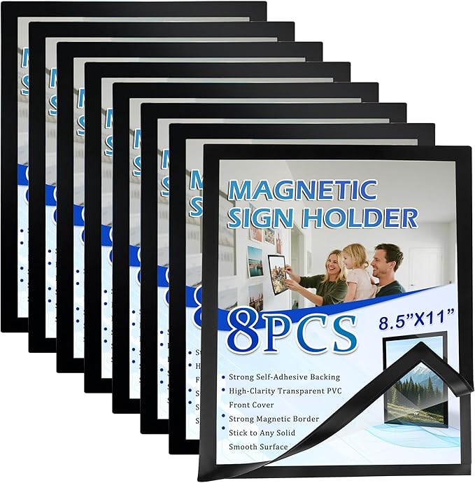 Magnetic Sign Holders 8.5 x 11 in, 8 Pack Clear Display Frames with Strong Magnetic Border, Self-Adhesive for Smooth Surfaces, Wall Mount Tool-Free Document & Poster Holder for Menus, Notices, Photos