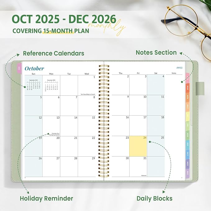 2026 Planner, Annecy Weekly ＆ Monthly Planner 2026, Jan. 2026 – Dec. 2026, 9" x 11" Monthly Agenda Planner with Tabs, Vegan Leather Cover, Spiral Binding, Double-sided Pocket, Bookmark, Green