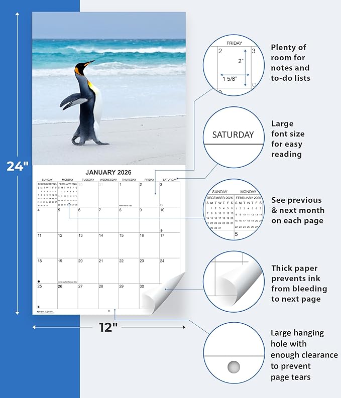 2026 Penguins Monthly Wall Calendar | Cute Animals Calendar 2025-2026