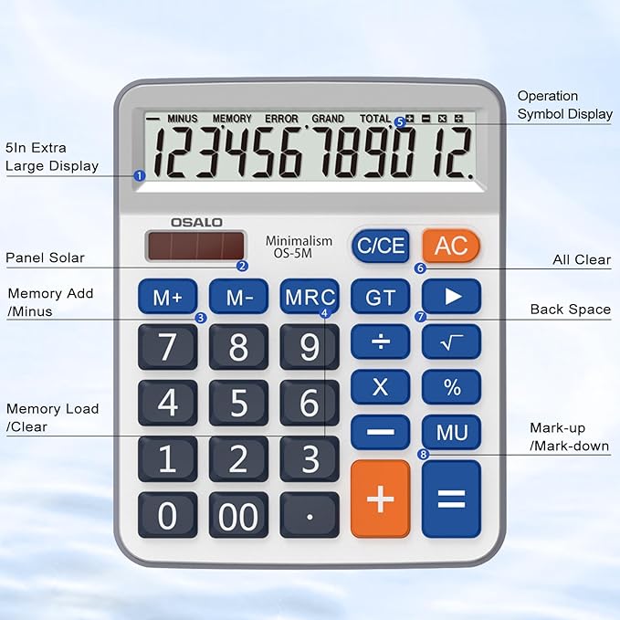 Desktop Calculator Extra Large 5-Inch Clear LCD Display 12-Digit Big Number Button Office Calculator with Auto Sleep Function (OS-5M)