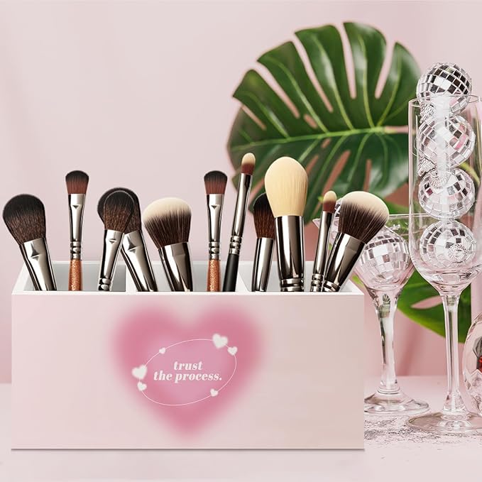 URLLUAE Preppy Pink Heart Aura Inspirational Wooden Pen Pencil Holder for Office Desk Accessories, Trust the Process Spiritual Positive Makeup Brush Toothbrush Holder Organizer