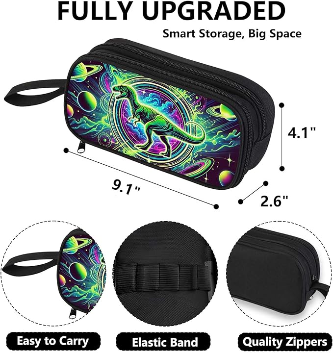 AnySmic Dinosaur Pencil Case for Boys and Girls, Dino Pencil Pouch for Kids, Big Capacity Pen Case Gifts for Child at Elementary School, Double Zipper Pen Bag Organizer with 2 Compartments