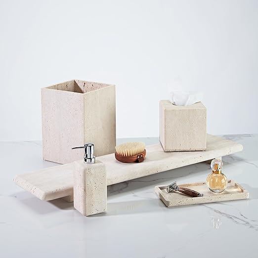 Rectangular Ivory Travertine Bathroom Trash Can, Natural Organic Stone Office Wastebasket, Wabi-Sabi Durable Storage Basket, Garbage Container for Bathroom, Home Office, Bedroom, Living Room, Toilet