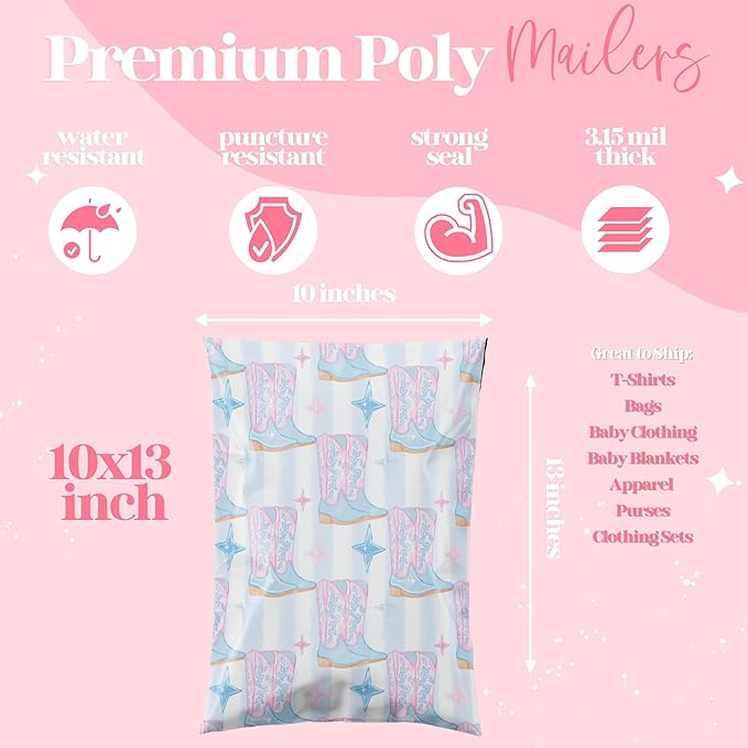 Pretty Package Store 10x13 Designer Poly Mailer 100 Pack Heavy Duty Waterproof Self Seal Shipping Bags for Small Business Large Mailing Envelopes Bulk Tear Resistant Packaging Cowgirl Boots Western