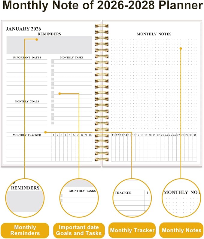 2026-2028 Monthly Planner, Three Years Calendar from January 2026 - December 2028 with Spiral Binding, Inner Pocket, Elastic Closure, 38 Month Planner for Home | School | Office, 5.8" x 8.5", Black