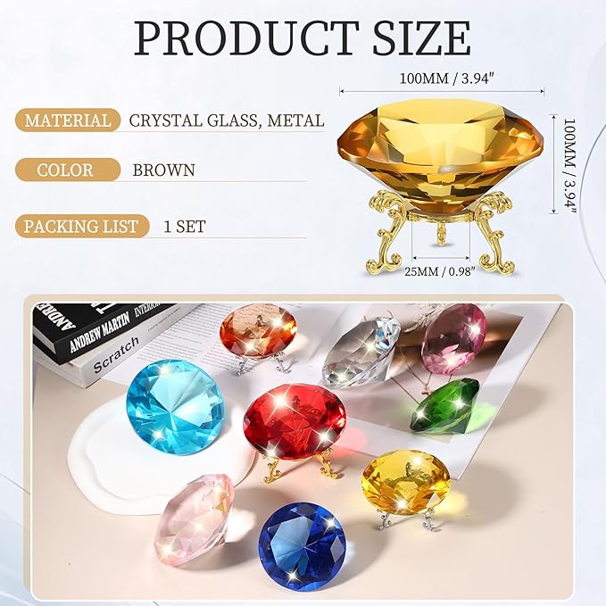 PATIKIL Diamond Crystal Paperweight, 100mm / 3.94" Crystal Paperweight Paper Weight with Gold 25 Metal Base for Home Office Desktop Table Decor Wedding Party Ornaments, Brown