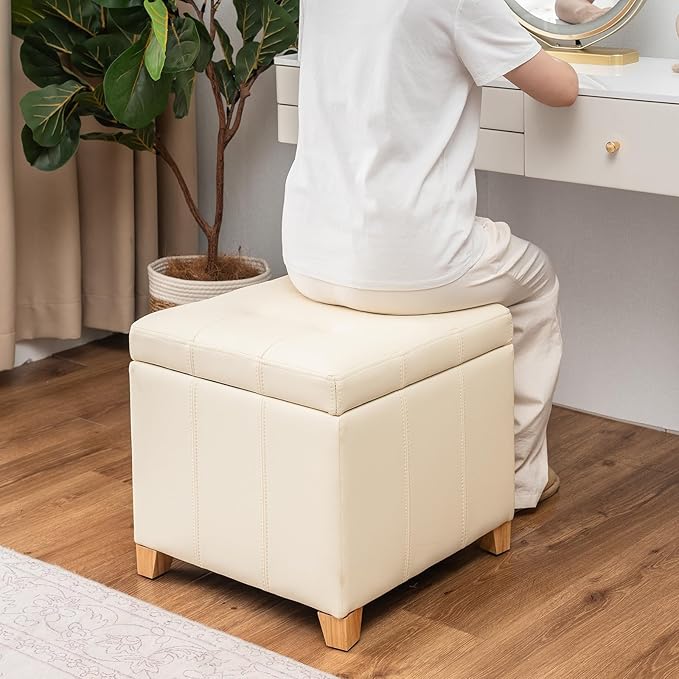 Asense 17 Inch Storage Ottoman Foot Rest,Square Faux Leather Foot Stool,Small Ottoman with Storage,Padded Seat for Entryway,Living Room,Bedroom,Couch,Under Desk,Beige