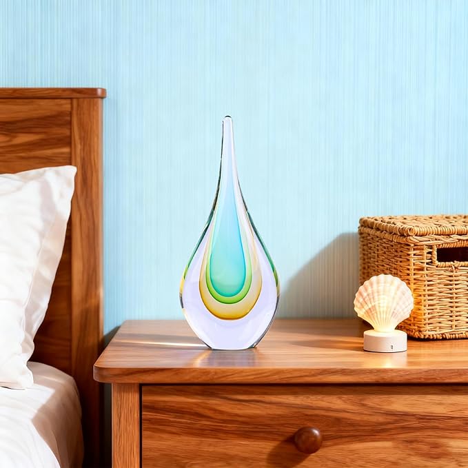9" Tall Sculpture Hand Blown Glass Decor, Paperweight for Office Desk, Modern Glass Art Figurines Mediterranean Beach House Decor, Living Room Coffee Shelves Table Top Decoration (Light Green)