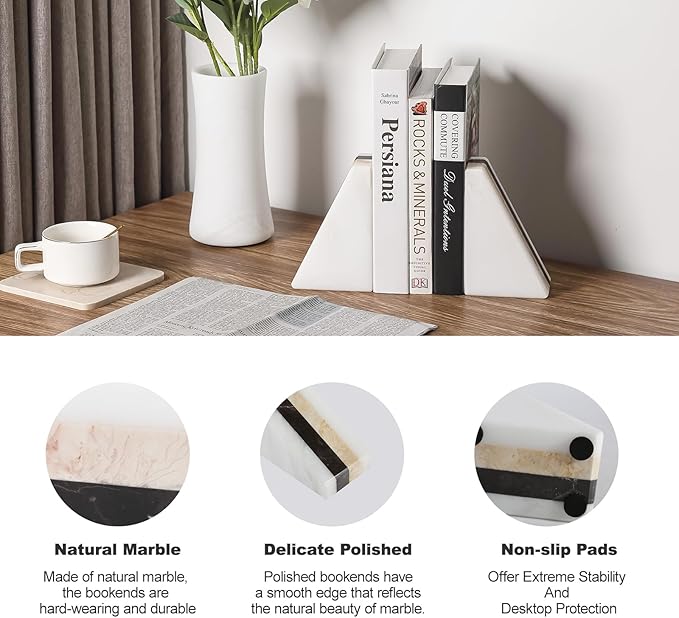 Karibiber Marble Book Ends, Non-Skid Bookends for Shelves, Composite Bookend with Natural Marble, Heavy Duty Book Stopper, Collected CDs and Oversized Books Organizer, Gold & Black Decorative Bookends