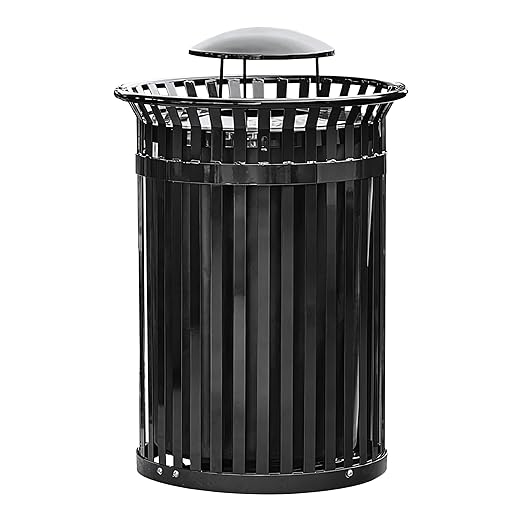 Zedfire 45 Gallon Black Waste Bin with Rain Bonnet Lid, Outdoor Heavy-Duty Commercial Trash Can Steel Slatted, Round Recycle Container, Durable Garbage Can for Parks, Municipalities, Parking, Schools