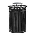 Zedfire 45 Gallon Black Waste Bin with Rain Bonnet Lid, Outdoor Heavy-Duty Commercial Trash Can Steel Slatted, Round Recycle Container, Durable Garbage Can for Parks, Municipalities, Parking, Schools