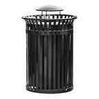 Zedfire 45 Gallon Black Waste Bin with Rain Bonnet Lid, Outdoor Heavy-Duty Commercial Trash Can Steel Slatted, Round Recycle Container, Durable Garbage Can for Parks, Municipalities, Parking, Schools